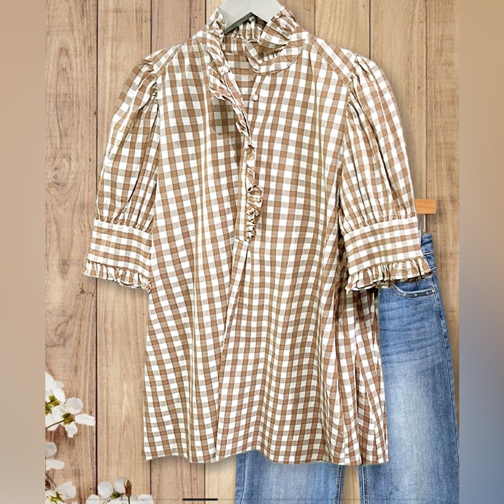Sage Vell Grid Smart Ruffles Trim Puff Sleeve Blouse